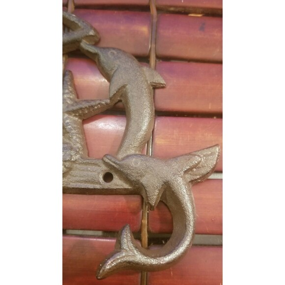 Vintage Cast Iron Mermaid & Dolphins Coat Rack 3 Hooks 8.5"x6" - Picture 4 of 5